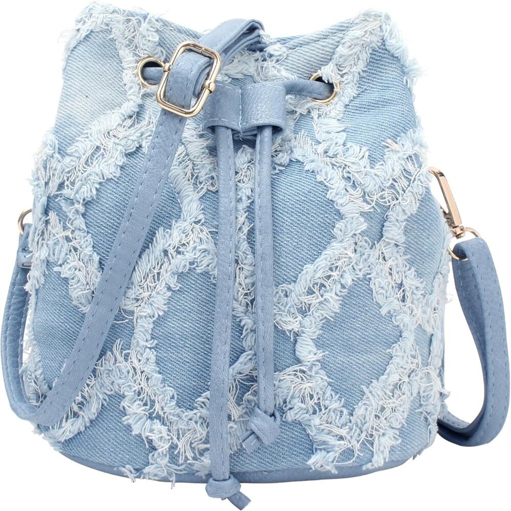 Women Denim Purse Handbag Jean Bucket Drawstring Crossbody Bag Quilted Distresse